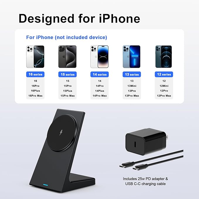 PUY for MagSafe Charger Stand,20W Fast Magnetic Wireless Charging Station with 25W PD Adapter,Stickable Desk Wireless Charger for iPhone 16/15/14/13/12 Pro/Pro Max Series