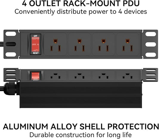 10" Rack PDU- 1U (4Outlets) 10-inch Mini Rack Power Distribution Unit with Protection (125V/15A 6ft Cable), Network Cabinet Rack Mount Power Strip (Wall, Desktop, or Server Rack Mountable)