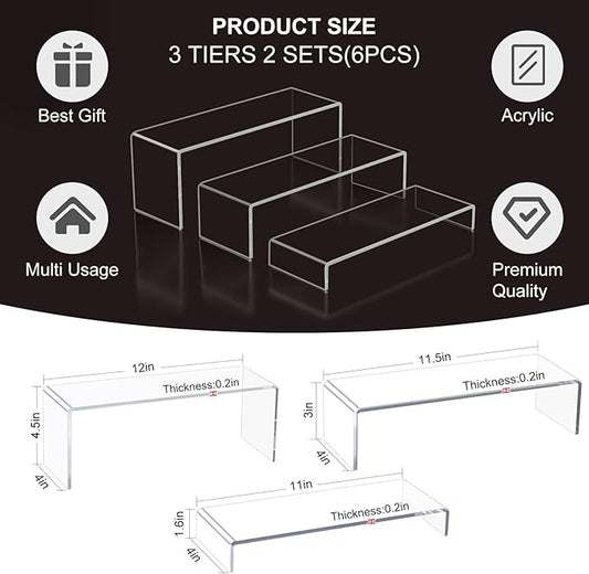 Blaithom Acrylic Display Riser Stand,6Pcs 12'' Length Tier Display Stands, Thickened to 0.2''(5mm) Acrylic Shelf Risers for Perfume Display,Risers for Buffet Table,Cupcake Stand,Pop Figurines,Tumbler,Food
