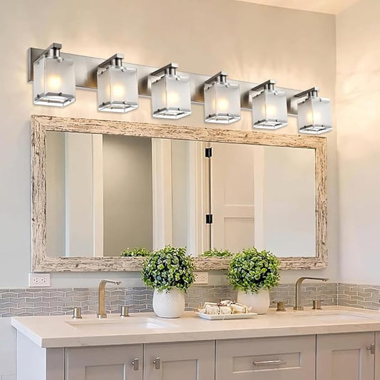 WINSHEN 6-Lights Bathroom Vantiy Light Over Mirror, Modern Black Vanity Lighting Fixtures with Rectangular Frosted Glass Shades for Bath Kitchen Wall Mounted, E26 Bulb Base
