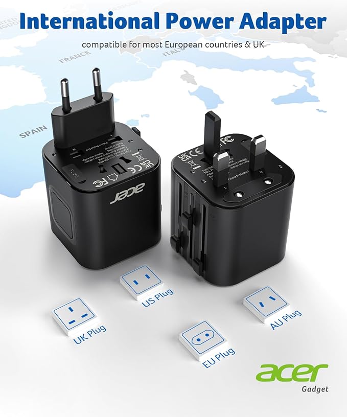 Acer European Travel Plug Adapter,Universal Travel Adapter, International Power Adapter for USA to Europe UK France Germany Spain Ireland Australia (Type C/G/A/I),Black