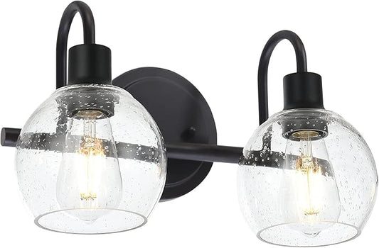 WINSHEN Black 2-Lights Wall Sconce Lighting with Seeded Glass Lampshades Industrial Bathroom Vanity Light Fixtures for Hallway Kitchen Bedroom