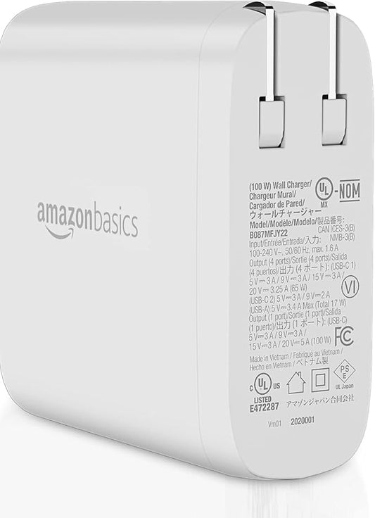 Amazon Basics 100W Four-Port GaN Wall Charger w/ 2 USB-C (100W,18W) & 2 USB-A Ports (12W) w/PD for Laptops, Tablets & Phones (iPhone 16/15/14/13/12/11/X, iPad, Mac, Samsung, and More), Non-PPS, White
