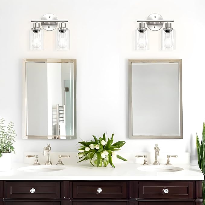 Guliaofo 2-Light E26 Bathroom Light Fixtures, Modern Brushed Nickel Vanity Lights for Bathroom with Clear Glass Shade, Mirror Kitchen Hallway Cabinet Living Room Sconces Wall Lights