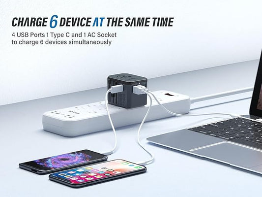 EPICKA Universal Travel Adapter, European Travel Plug Adapter - International Power Adapter Worldwide Charger with USB-C & 4 USB-A Ports, Travel Essentials for Italy, UK, Japan (TA-105, Space Grey)