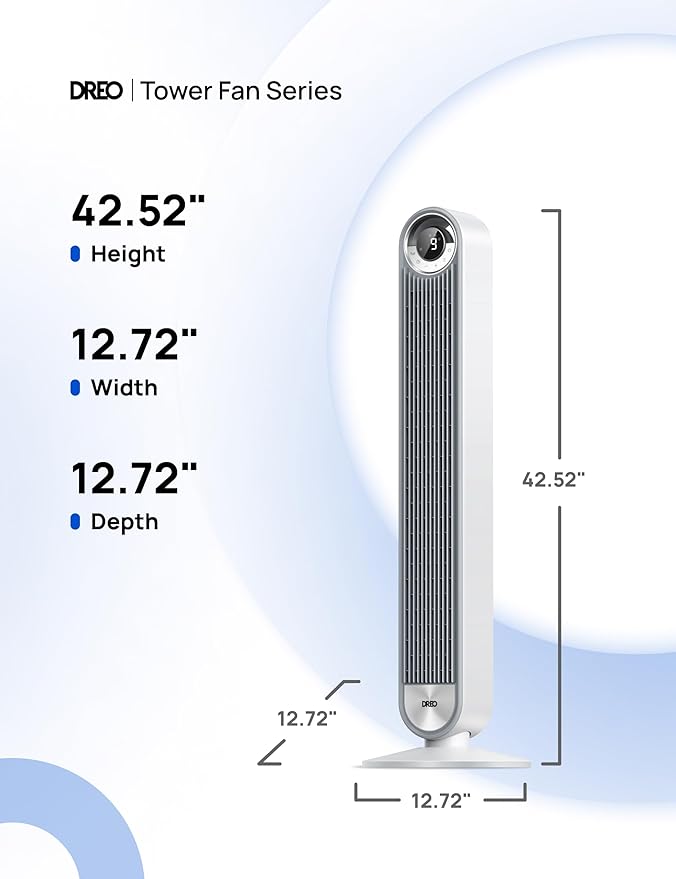Dreo Tower Fan for Bedroom, Upgrated DC 9 Speeds Ultra-Quiet Floor Fan, 90ยฐ Oscillating Fans for Indoors with 28ft/s Velocity, 12H Timer, Standing Fans, Bladeless Fan Powerful for Home Office Room