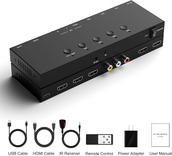 Dingsun 3 Way HDMI 2.0+ RCA to 2 Way HDMI Converter for Fire Stick,ROKU, N64, NGC, Wii, PS2/3/4/5, Xbox Series, Xbox ONE, Switch ect.(4In to 2Out)