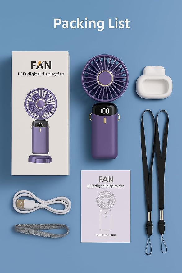 AMPMG LED Digital Display Rechargeable Fan β Portable Handheld & Desk Fan with Adjustable Speeds, USB Charging, Quiet Operation, and Base Stand for Home, Office, Travel and Outdoor Use