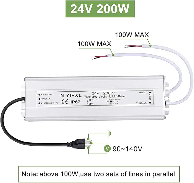 LED Driver 200 Watts 24V DC Low Voltage Transformer, Waterproof IP67 LED Power Supply, Adapter with 3-Prong Plug 3.3 Feet Cable for Any 24V DC led Lights, Computer Project, Outdoor Light