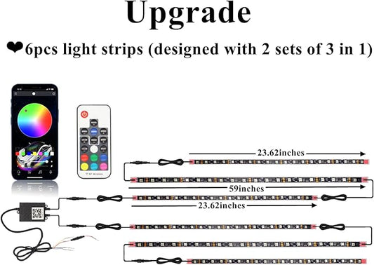 Goodream Car Underglow Kit, 12V 6 pcs RGB Led Lights Strip Neon Ambient Sets with Turn Signal for Cars, SUV, Truck Exterior Chassis Colorful Glow Accessories Controlled by APP, Sync to Music