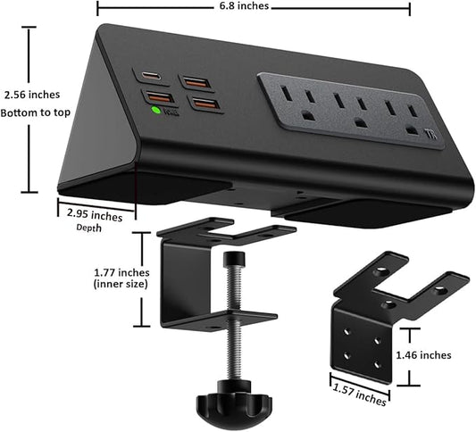 Upgraded Version Edge Mount Power Strip with USB-C Ports Tabletop Surge Protector Desk Clamp Power Sockets with 3 AC Outlets &4 Fast Charging USB Ports for Home Office Hotel Dormitory (Black - 1pack)