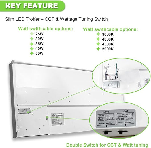 Cortelco 2x4 LED Troffer Light-25W/30W/35W/40W/50W,Up to 7500 Lumens,4 CCT Selectable 3000K/3500K/4000K/5000K,0-10V Dimmable Drop Ceiling Panel,100-277V,ETL & DLC Listed,Commercial Grade,2 Pack