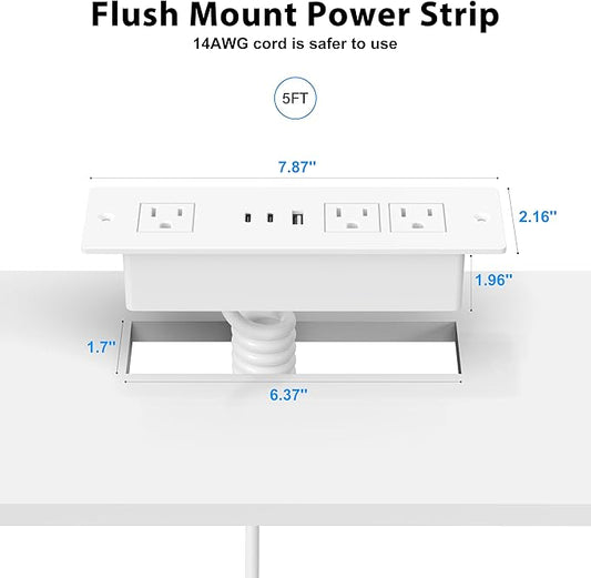 Furniture Drawer Outlet, Recessed Power Strip with (3) PD 20W USB Ports Fast Charging & (3) 15 Amp AC Outlets, (14 AWG) 10 FT White Spring Cord
