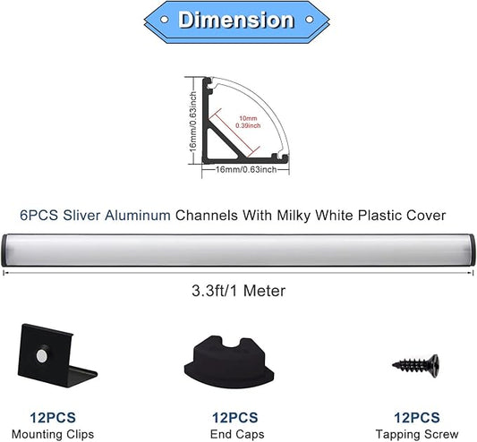 VST 6Pack 3.3 ft Black LED Aluminum Channel with Milky White Cover V Shape 16x16mm, Led Strip Light Track with Accessories for Led Strip Lights in Home Lighting