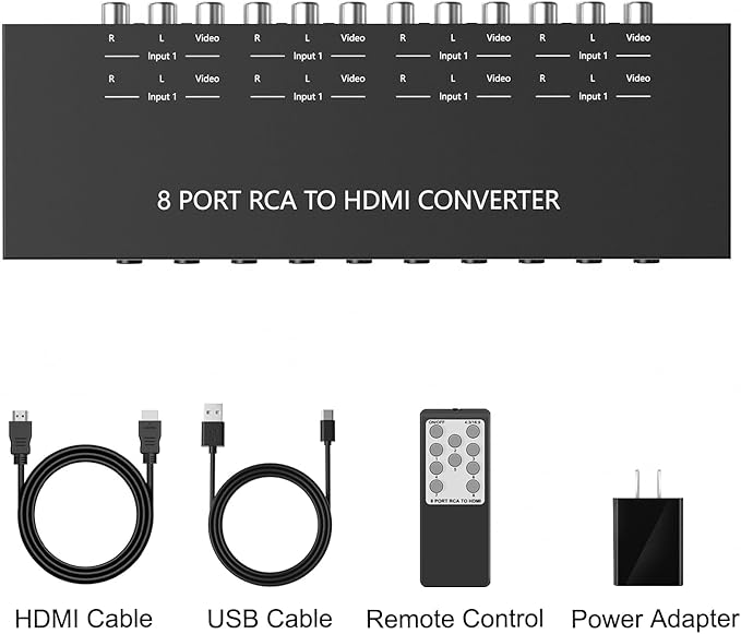 8 Port RCA to HDMI Converter 1080P/720P RCA Composite CVBS AV Switch to HDMI Converter Adapter Support 4:3/16:9 Switch, for Sega Xbox PS1 PS2 PS3 N64 NGC SNES WII VHS VCR Camera DVD(With Remote)