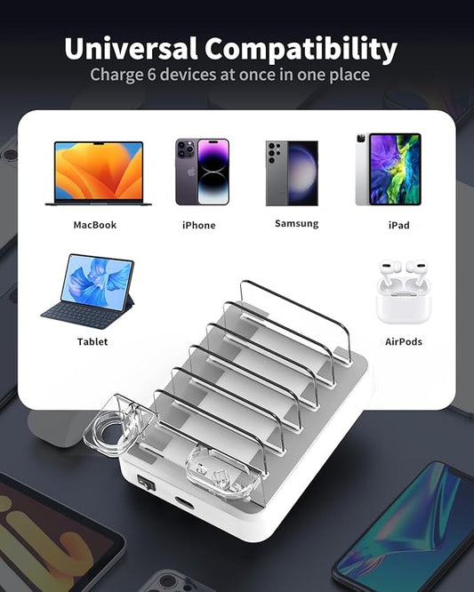 120W USB C Charging Station: 4C2A Port Output Max 65W Fast Charger for MacBook Air Apple iPhone iPad Tablet and Samsung Android Devices (White)