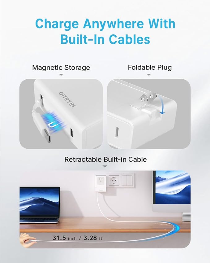 Flat USB C Wall Charger with 31.5in Retractable Type-C Cable, 5-in-1 Slim Wall Charger, 40W Fast Charging Power Plug with 3 Outlets 1 USB C Port, Type A Power Adapter for US to Japan Travel