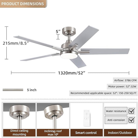 SODSEA Ceiling Fans with Lights, 52 inch Nickel Ceiling Fan with Light and Remote Control, Reversible, 3CCT, Dimmable, Noiseless, Small Ceiling Fan for Bedroom, Indoor/Outdoor Use