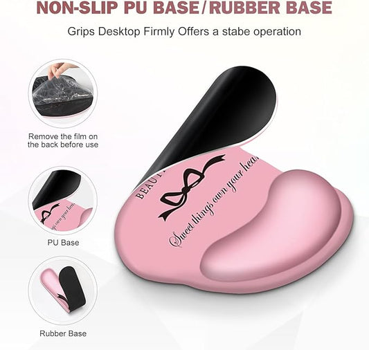 Gaming Mouse Pad, Large Desk Mat, Cute Desk Pad Protector, 4in1 XXL Mousepad + Keyboard Wrist Rest+Mouse Wrist Rest+Coaster Set with Ergonomic Desk Pad for Home Office Table Computer, Pink Pretty Bow