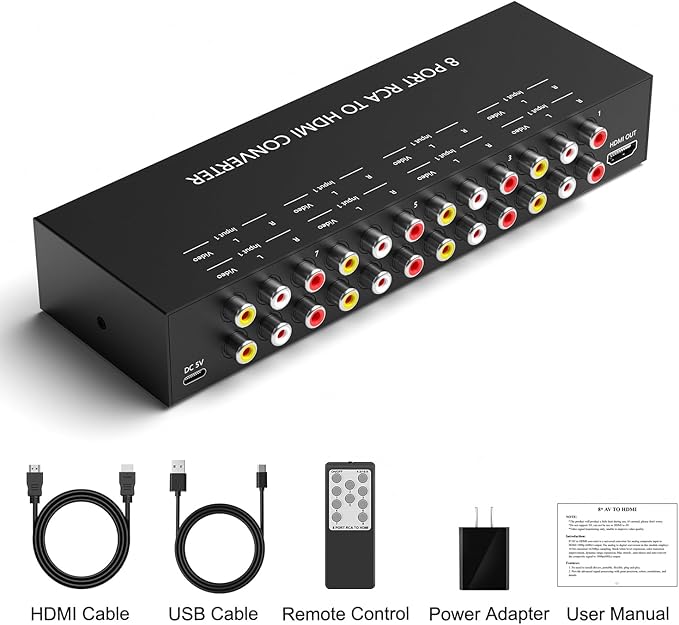RuiPuo 8Port AV to HDMI Converter Adapter Support 16:9/4:3 Switch for Wii/N64/PS1/PS2/PS3/VHS/VCR/DVD Players etc (8Port RCA in to 1 HDMI Converter with IR Remote)