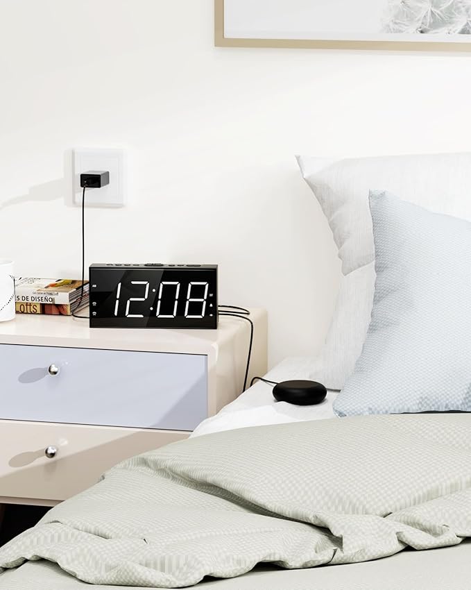 Loud Alarm Clock with Bed Shaker for Heavy Sleeper, Dual Vibrating Alarm Clock with USB Charger for Hard of Hearing/Deaf, 7.5โโ Large LED Display with Dimmer, Snooze, 12/24H & Battery Backup