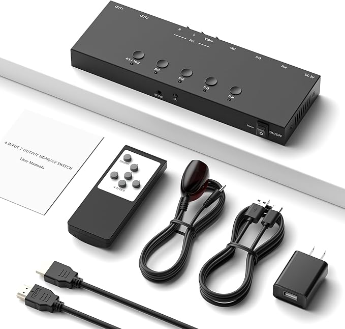 4 in 2 Out RCA/HDMI Switcher,3 Way HDMI 2.0 + 1 RCA Converter,4:3/16:9 & 2 Ports HDMI Output Support 4K and 3D for PS1/2/3/4/5, N64, SNES, Switch, DVD, Roku, etc.