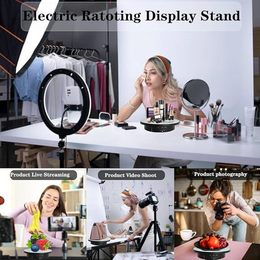 JAYEGT 3 in 1 Motorized Rotating Display Stand with 5.74 /7.08/ 8.66 inch Replacement Mirror Cover,Max 22lbs Load,360 Electronic Turntable for Photography Products (Mirror /3 in1 / Black/ Remote controller)