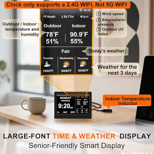 2025 Digital Clock with Weather Forecast & Temperature/Humidity Large Display,Auto Time Sync, Custom Alarms & Medication Reminders, Elderly Memory Loss (Black, 7 Inch)
