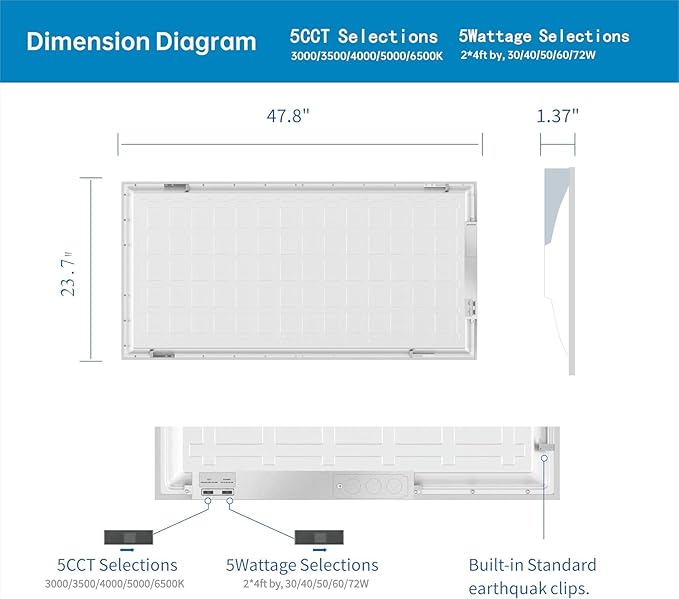 2x4 FT LED Light Flat Panel, 40W-72W, 5 CCT 3K | 3.5K | 4K | 5K | 6.5K, Dimmable Recessed Drop Ceiling Lights, 3750/5000/6250/7500/9000 Lumens, Lay in Fixture for Office, 120-277V, UL DLC(24 Pack)