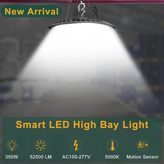 ACOHOOK Smart 350W LED High Bay Light Motion Sensor, 48000lm (Eqv.1200W MH/HPS) Commercial Bay Lights AC100-277V High Bay LED Shop Light (Remote Buy Separately) 4Pack