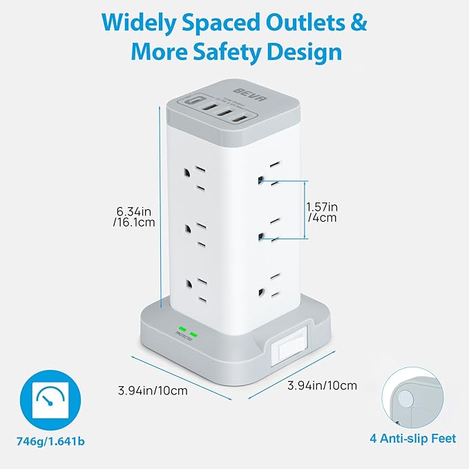 BEVA Power Strip Tower with USB Ports, 16 in 1 Surge Protector Tower, 12 AC and 4USB Ports, 10 FT Extension Cord with Multiple Outlets, Power Tower Charging Station for Office Supplies(White)