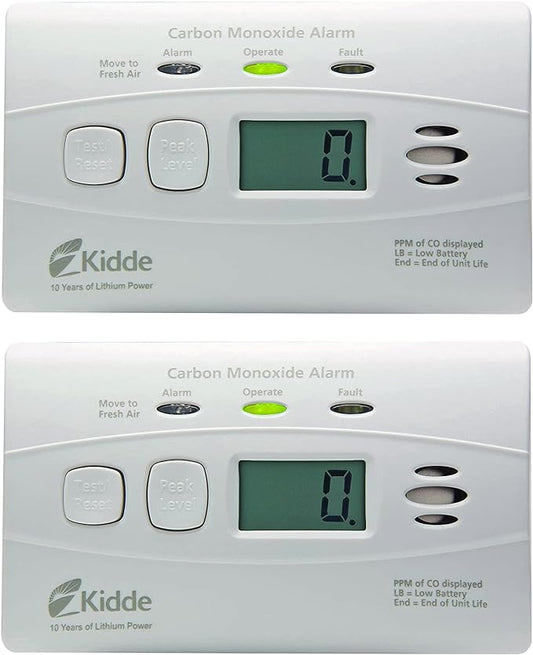 Kidde Carbon Monoxide Detector with Long-Life Lithium Battery, Digital Display, 3 LEDs, Pack of 2 & Nighthawk Carbon Monoxide Detector, AC-Plug-in with Battery Backup, Digital Display
