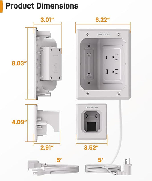 Perlegear TV in-Wall Cable Management Kit, USB and Typ C Ports Cord Hider for Wall Mount TV with Recessed Power, Includes Drill Templates, Dust Bags, Drywall Saw, Extension Cable