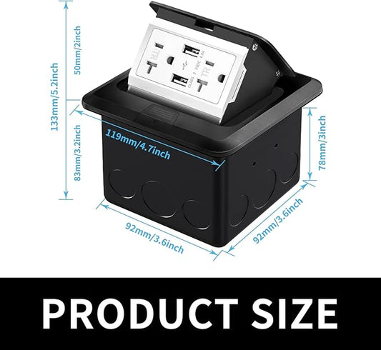 Vagueior Recessed Floor Electrical Outlet Kit,Waterproof Electrical Outlet Covcer Box,Hidden 4.8A USB+20A Tamper-Resistant Receptacle Outlet with Slow Elastic Damping ,ETL Certified,Black(1 Pack)