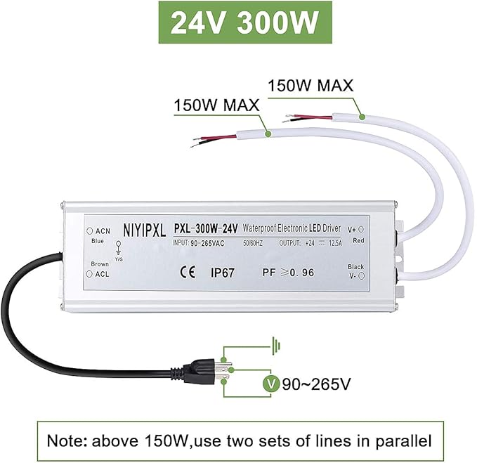 LED Driver 300 Watts(150W X2) 24V DC Transformer, Waterproof IP67 Power Supply, 24V DC Low Voltage Output Adapter with 3-Prong Plug 3.3 Feet Cable for LED Light, Computer Project, Outdoor Light