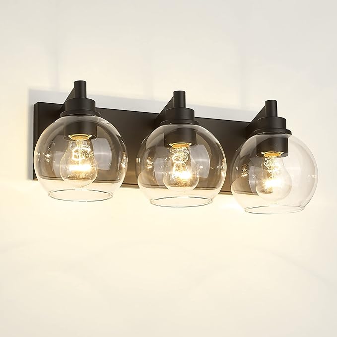 METWET Bathroom Light Fixtures, 3-Light Matte Black Vanity Light, Modern Wall Sconces with Clear Glass Globe Shade, Bathroom Wall Lights for Mirror Kitchen Bedroom Hallway, VL195-MB-3