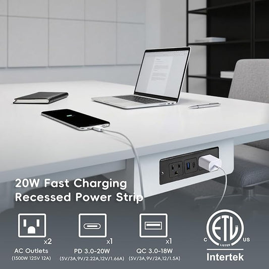 2 Pack 20W Recessed Power Strips USB, 2 AC + 1 USB-C + 1 USB-A, 6ft Cord, Space Saving Furniture Outlets for Desk/Bedside/Drawer (18W USB-A & 20W USB-C Fast Charge)