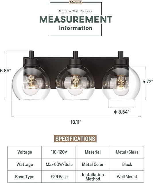 METWET Bathroom Light Fixtures, 3-Light Matte Black Vanity Light, Modern Wall Sconces with Clear Glass Globe Shade, Bathroom Wall Lights for Mirror Kitchen Bedroom Hallway, VL195-MB-3