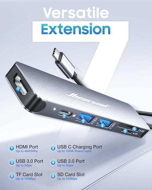 Hiearcool USB C Hub for MacBook – 7-in-1 USBC Adapter with 4K HDMI, 100W PD, USB 3.0 5Gbps Ports, SD/TF Card Reader – USB-C Dongle for Office, Meetings, Travel & Home Setup-Space Grey