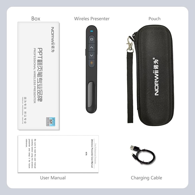 Norwii N76 Rechargeable Presentation clicker, Long Range Presentation Remote, Wireless Presenter, Pointer for PowerPoint Presentations, Slide Control - Green Light