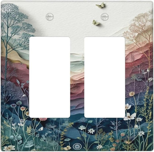 Bvtewkhz Wildflowers Rustic Flowers Floral Plants 2 Gang Double Rocker Wall Plate Cover Vintage Mountain Decorative Light Switch Covers Electrical Faceplate Switch Plates for Bathroom Kitchen Home