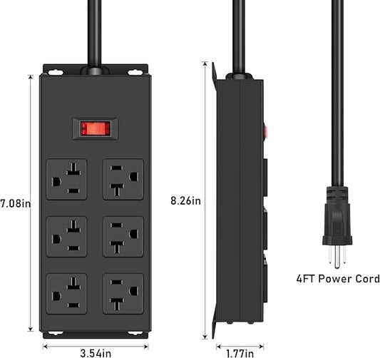 JUNNUJ 20 Amp Power Strip Heavy Duty 2 Pack, Garage 6 Outlets Metal 12 Gauge Surge Protector 3000J, High Amp 5-15P Adapter Shop 6-20R T-Slot Industrial (6AC 2-Pack, 4FT)