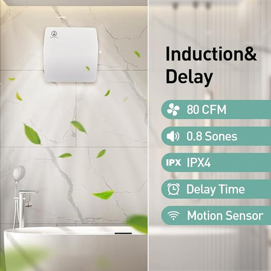 Hehou Bathroom Exhaust Automatic Fan for Wall and WIndow,Super Quiet 4 In Bathroom Motion Sensor and Delay Time Exhaust Fan with O Ring White 80 CFM Vent Fan