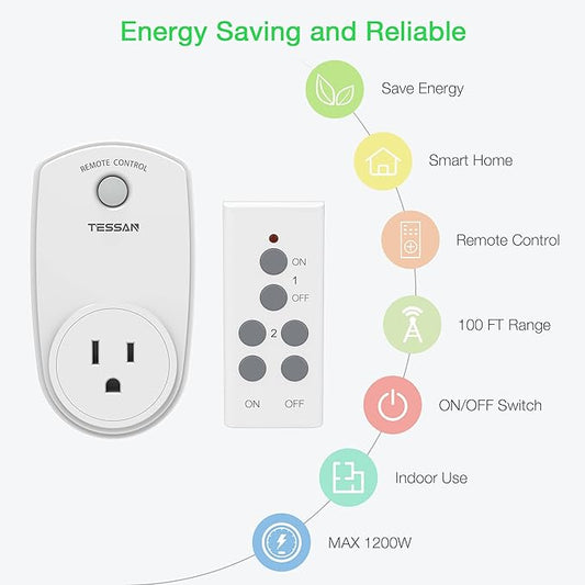 2 Pack Remote Control Outlet, TESSAN Wireless Electrical Plug Switch for Lights, Lamps, Fans, 100ft RF Range, 1200W (1 Remote + 2 Outlet)