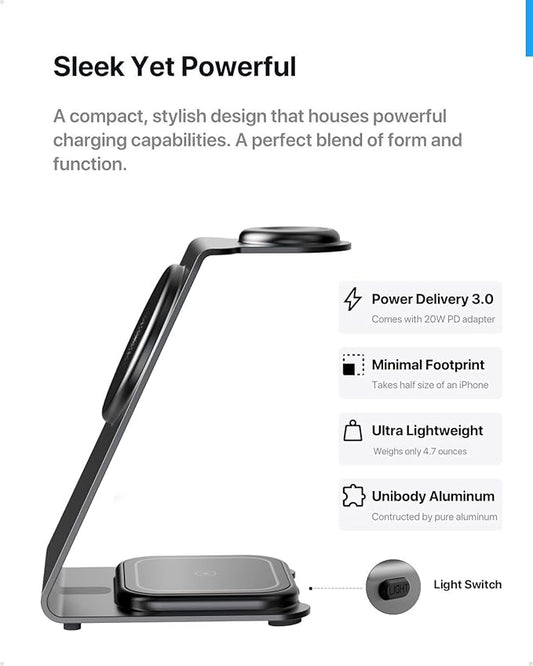 Intoval 3 in 1 Wireless Charging Station for Magsafe, Magnetic Charger for iPhone 16 15 14 13 12 Pro Max, Wireless Charger for Apple Watch 10 Ultra SE 9 8 7 6, for AirPods 4 Pro 2 3 (Grey)