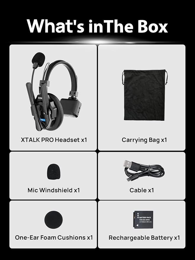 SYNCO XTALK XPRO Wireless Intercom Headset, 2.4GHz Full Duplex Wireless Communication Headset 500m/1640ft with Noise Reduction, Xtalk-Xpro1-Wireless-Headset-Intercom(Single)