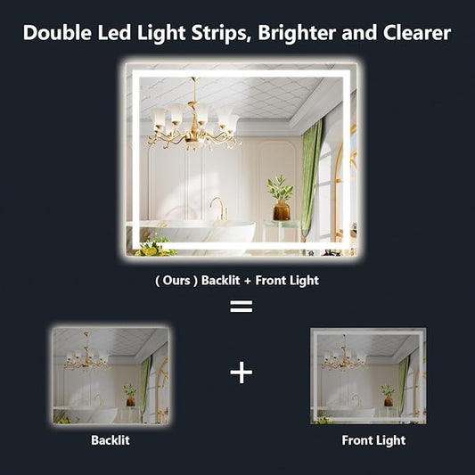 YEELAIT 44x32 Inch LED Bathroom Mirror with Lights Front and Backlit Lighted Vanity Mirror for Bathroom Wall with 3 Colors Dimmable Anti-Fog Memory Shatter-Proof IP54 Waterproof Horizontal/Vertical