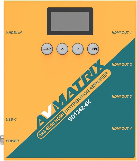 AVMATRIX SD1242-4K 1 in 4 Out Distribution HDMI Signal Splitter Converter with 4xHDMI Output,1xHDMI Input,Support Signals up to up to 4K 60hz