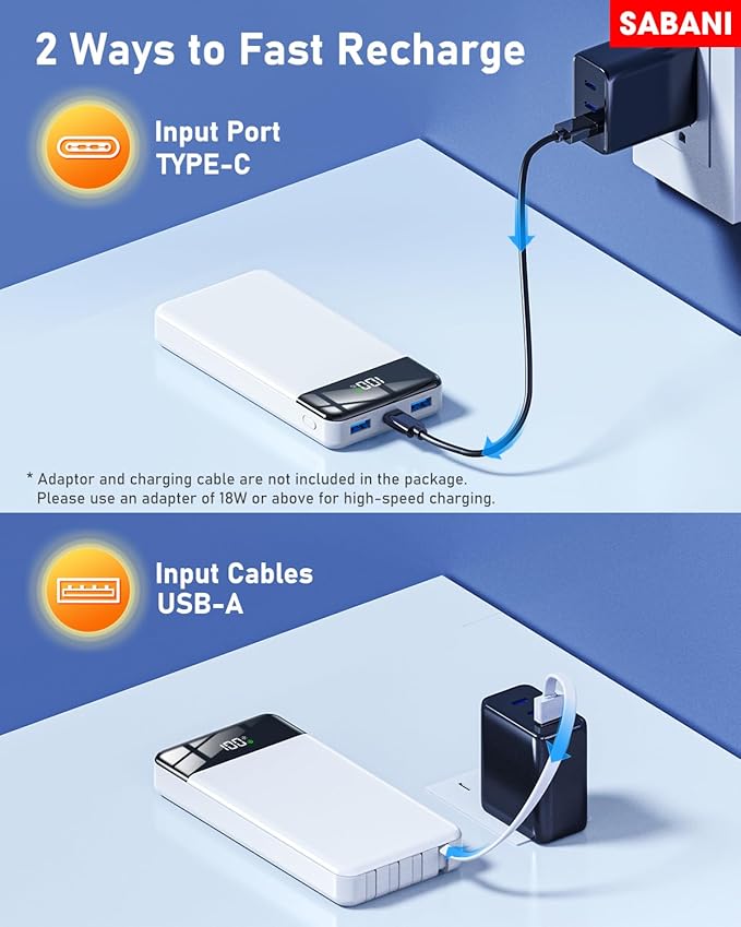 SABANI Portable Charger 35000mAh Power Bank - Portable Battery with 4 Built in Cables, 22.5W Fast Charging Battery Pack Compatible with iPhone 16 15 14 13 Samsung Android Phone etc (1 Pack, White)