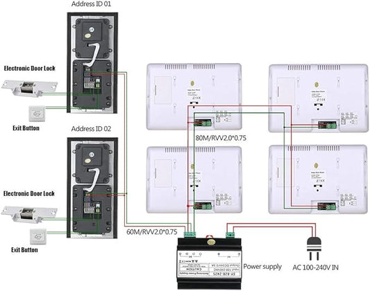 4 Apartment Bus 2 Wire Video Door Phone Intercom Systems 7 Inch Kit for Electronic Door Lock Home Night Vision